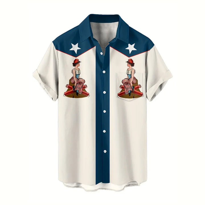 Retro American Style Unique Flag And Western Girl Pattern Printed Shirt