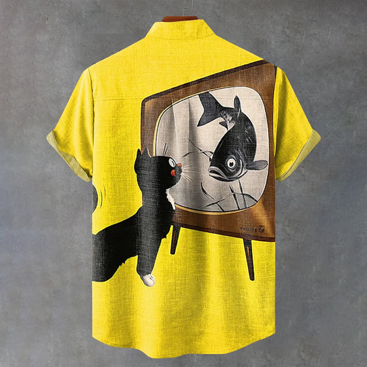 Black Cats and Fish On TV Vintage Print Casual Shirt