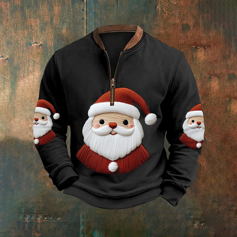 Men's Christmas Santa Print Casual Zipper Pullover