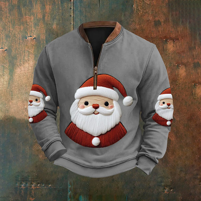 Men's Christmas Santa Print Casual Zipper Pullover