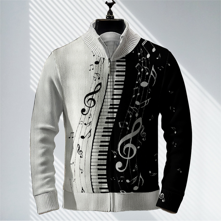 Men's Music Note Print Zip-Up Sweater Jacket 2409005205