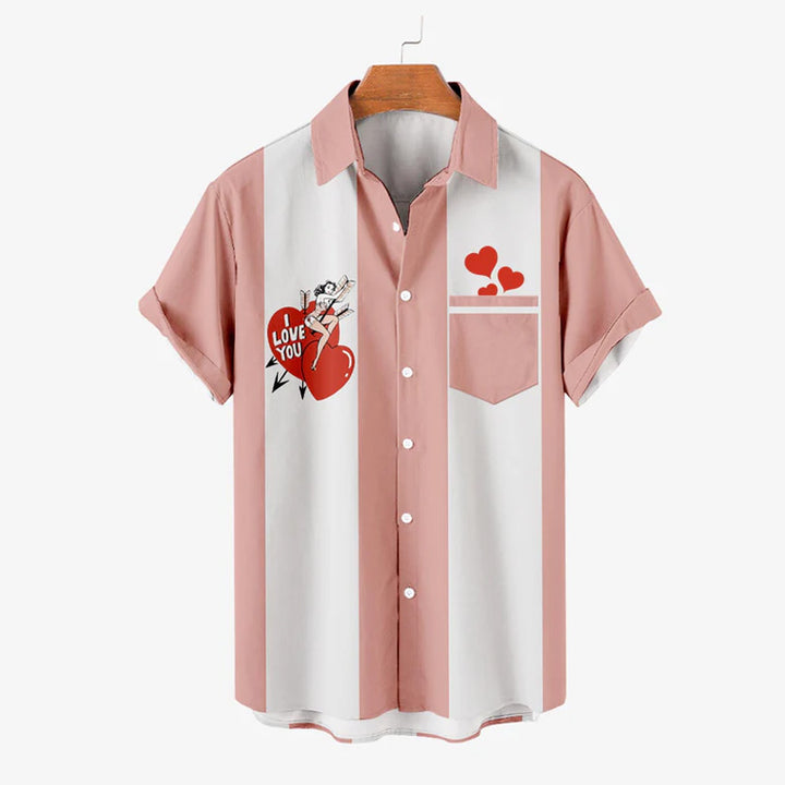 Men's Valentine's Day Love Heart Print Bowling Short Sleeve Shirt