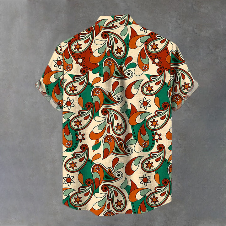 Retro Art Feathers Pattern Printing Breast Pocket Cotton Linen Short Sleeve Shirt