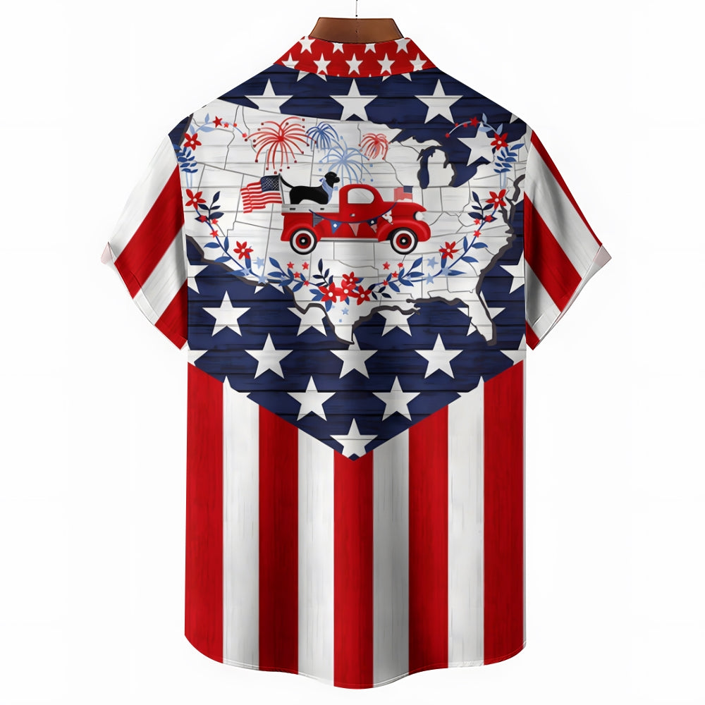 Patriotic Flag Trucker Print Chest Pocket Short Sleeve Shirt 2411005933