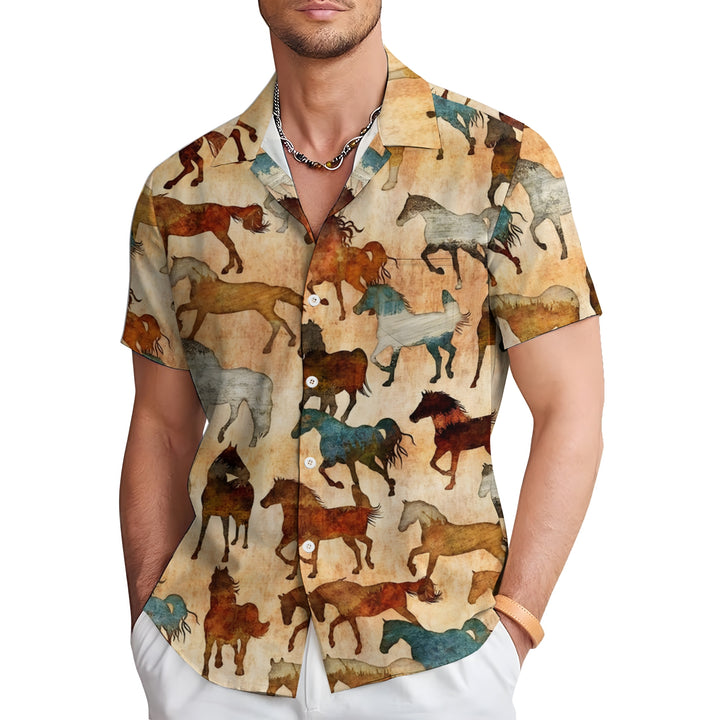 Men's Vintage Horse Print Casual Short Sleeve Shirt 2404000081