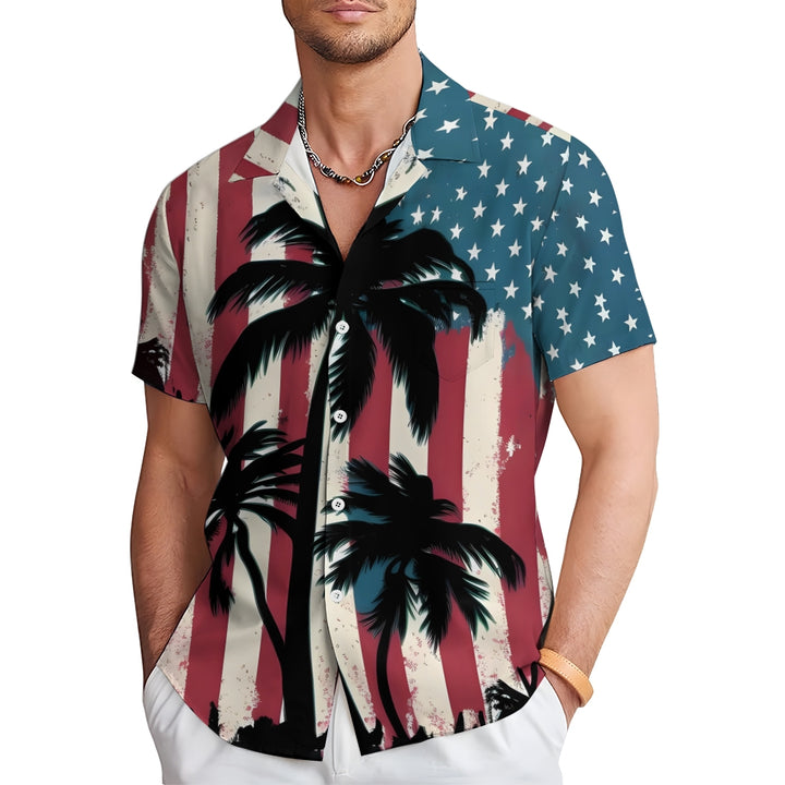 Coconut Tree Stars and Stripes Print Short Sleeve Shirt 2406002111