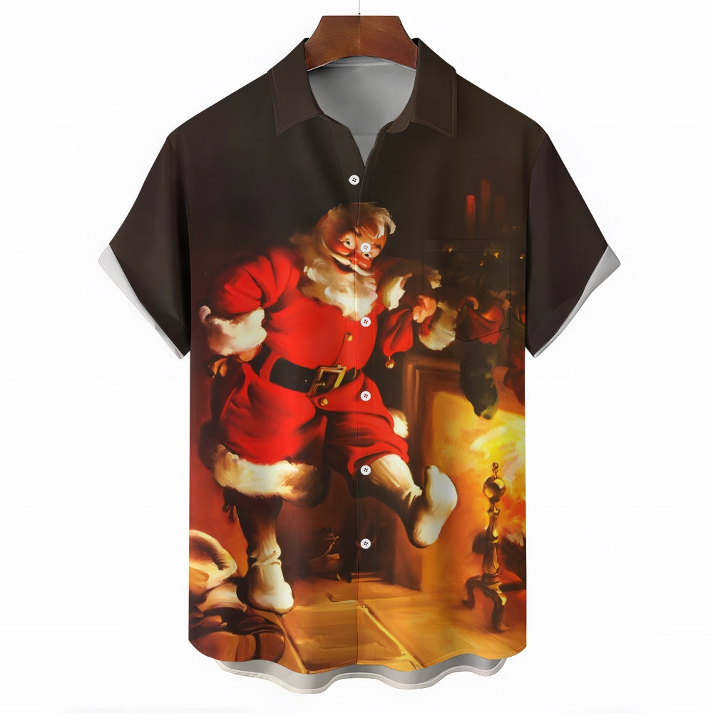 Men's Santa Fireplace Print Casual Short Sleeve Shirt 2410007066