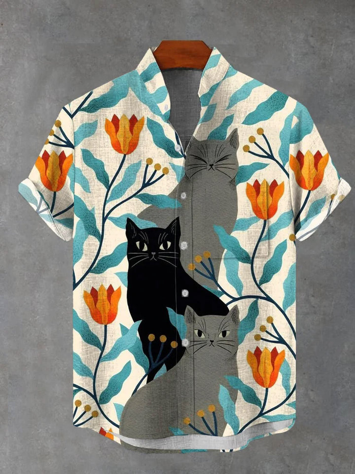 Cartoon Blue Leaf Black Cat Print Short-Sleeved Shirt