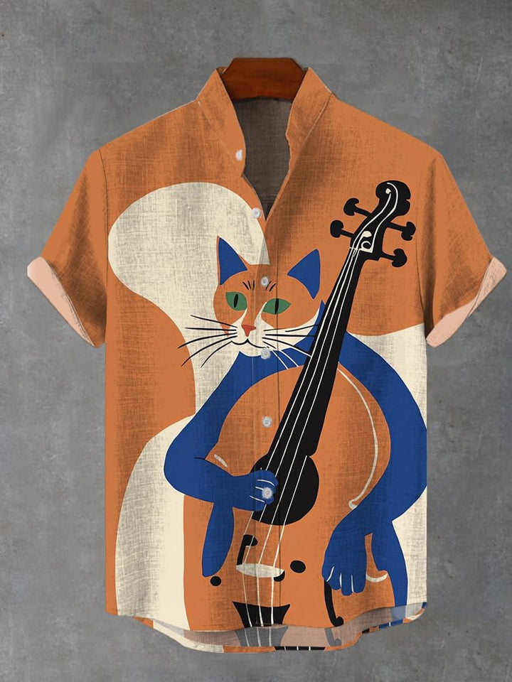 Men's Abstract Patchwork Musician Cat Short Sleeve Shirt