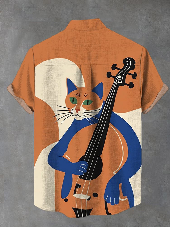 Men's Abstract Patchwork Musician Cat Short Sleeve Shirt