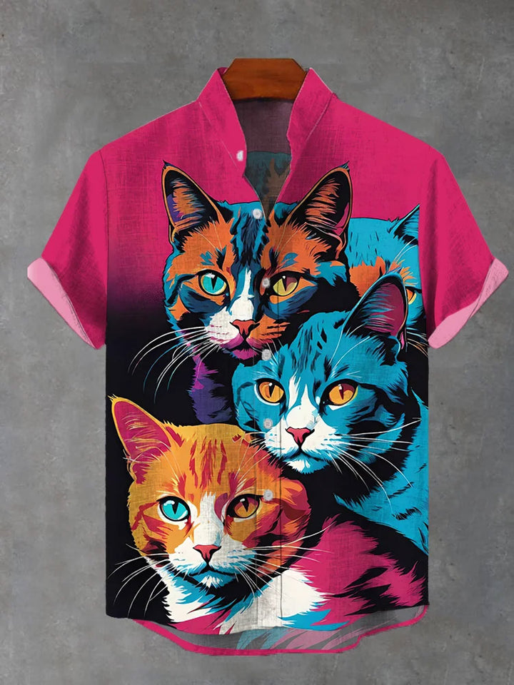 Men's Cute Art Cat Print Short Sleeve Shirt