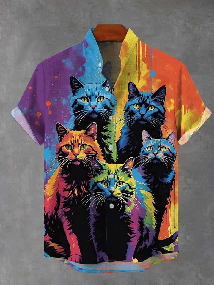 Colorful Oil Painting Cat Print Short Sleeve Shirt