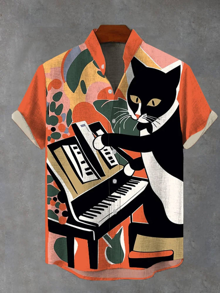 Cat Pattern Playing Piano Short Sleeve Shirt