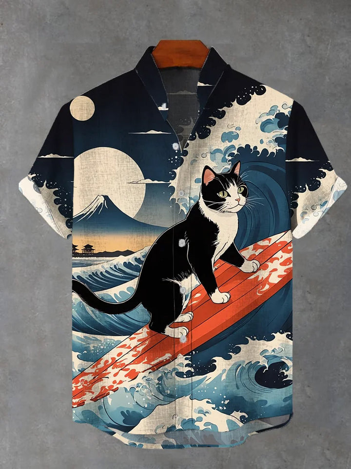 Fashionable Ukiyoe Black Cat Print Short Sleeve Shirt