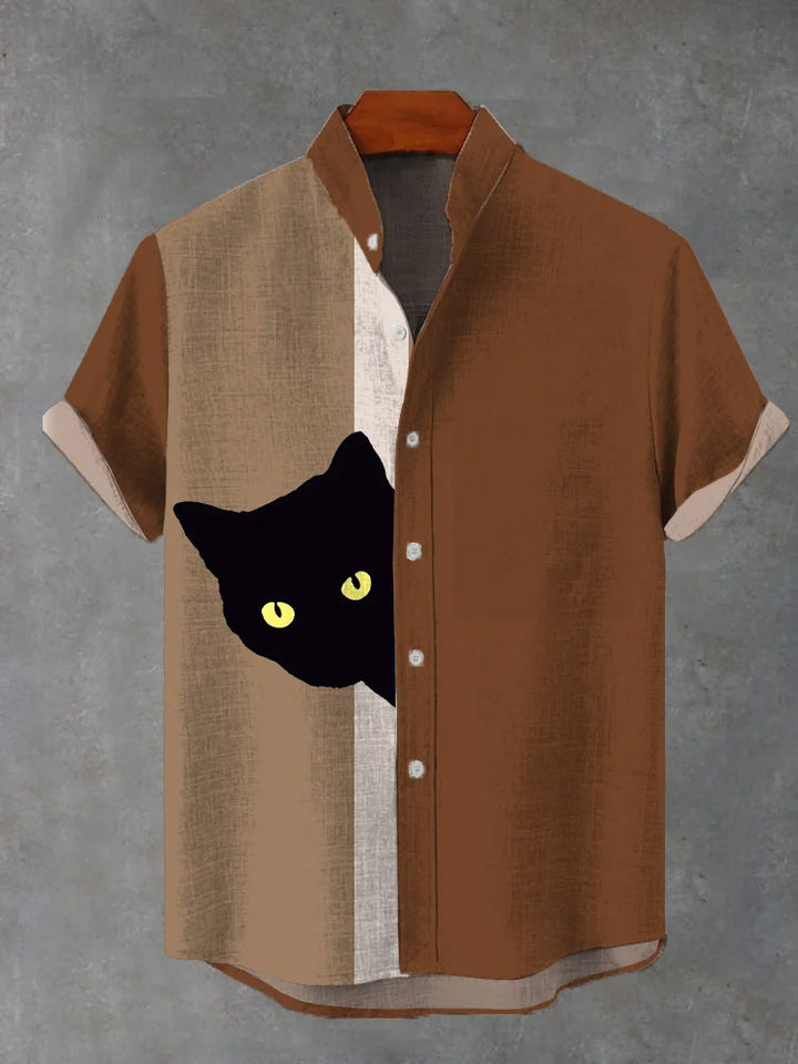 Brown Cute Curious Print Kitten Short-Sleeved Shirt