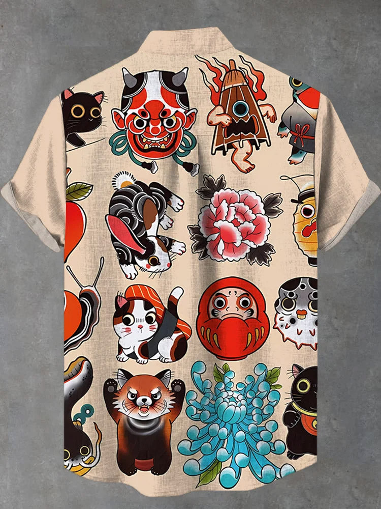 Tumbler Lucky Cat Print Short Sleeve Shirt