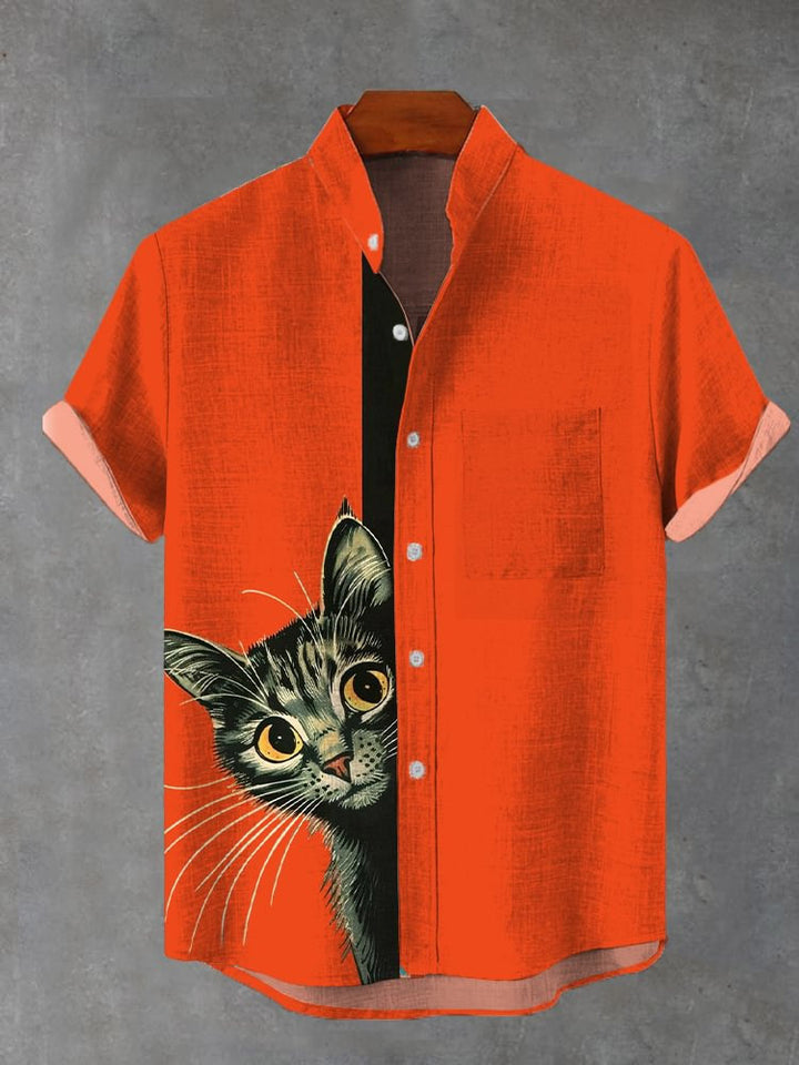 Orange-Red Cute Curious Kitten Print Short-Sleeved Shirt