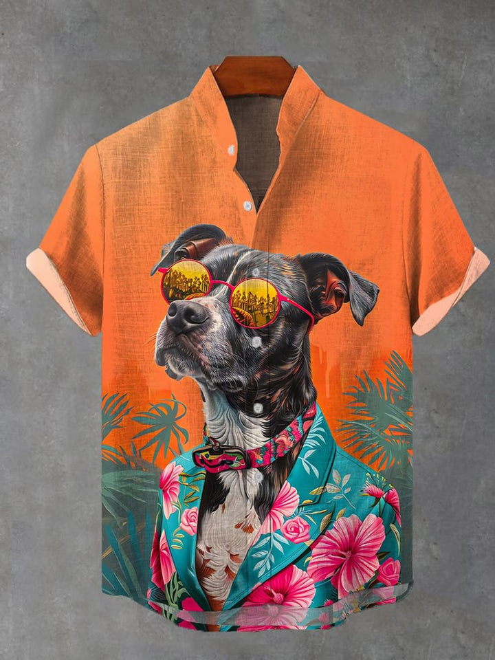 Cartoon Hawaiian Floral Dog Print Short Sleeve Shirt