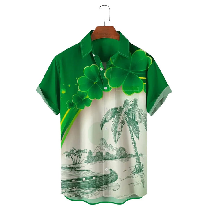 Coconut Tree Beach Panel St. Patrick's Clover Short Sleeve Shirt