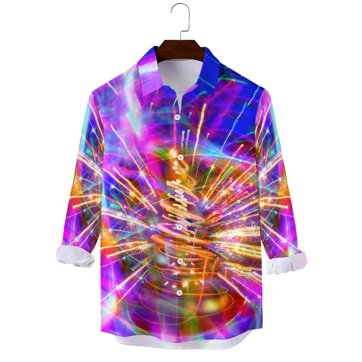 Sparkling Fireworks Christmas Tree Printed Long Sleeve Shirt 2410006426