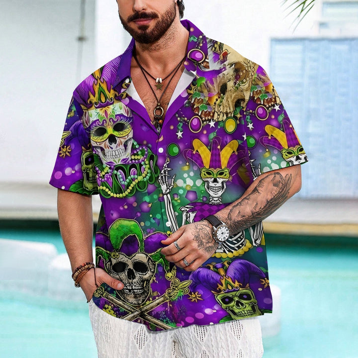 Mardi Gras Skull Art Print Casual Short Sleeve Shirt 2412005987