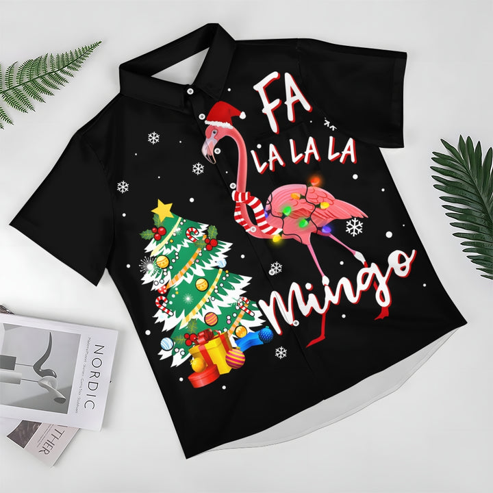 Christmas Tree And Flamingo Print Casual Short Sleeve Shirt 2411008547