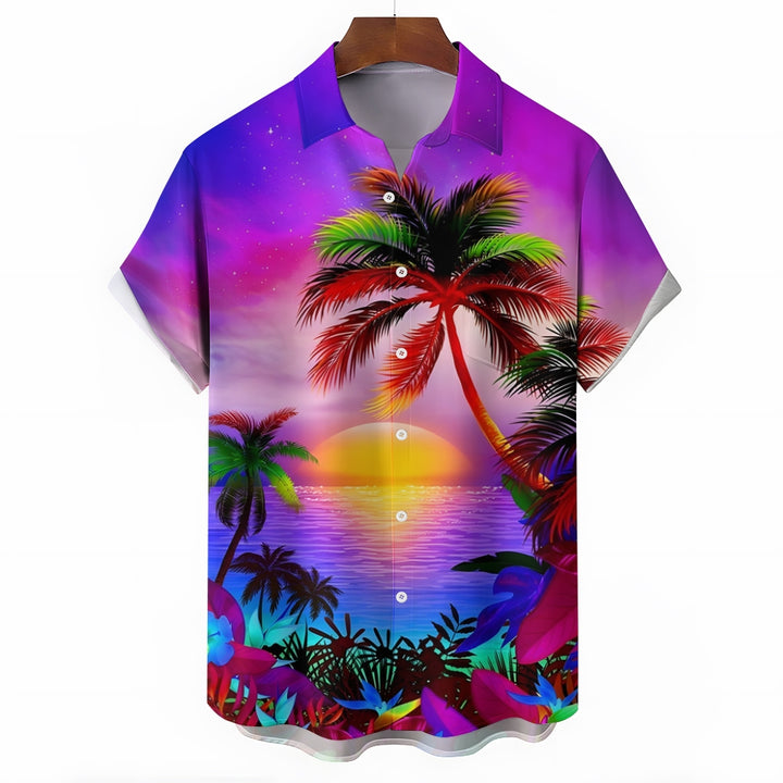 Men's Hawaiian Coconut Tree Sunset Print Short Sleeve Shirt 2412006496