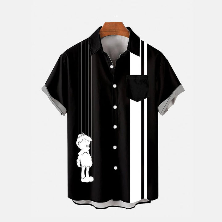 Striped Cartoon Puppet Print Chest Pocket Short Sleeve Shirt