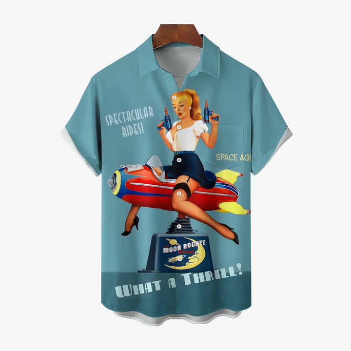 Retro Poster Rocket Sexy Girl Print Short Sleeve Shirt 2411008514