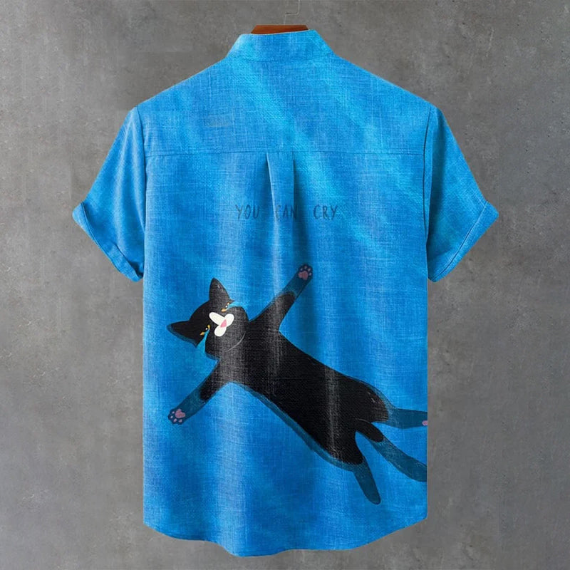 Men's Funny Black Cat You Can Cry Art Print Cotton And Linen Shirt