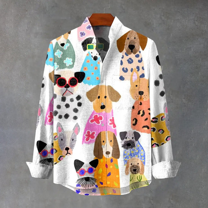 Colorful Minimalist Cartoon Puppy Vintage Stripe Print Long Sleeve Shirt