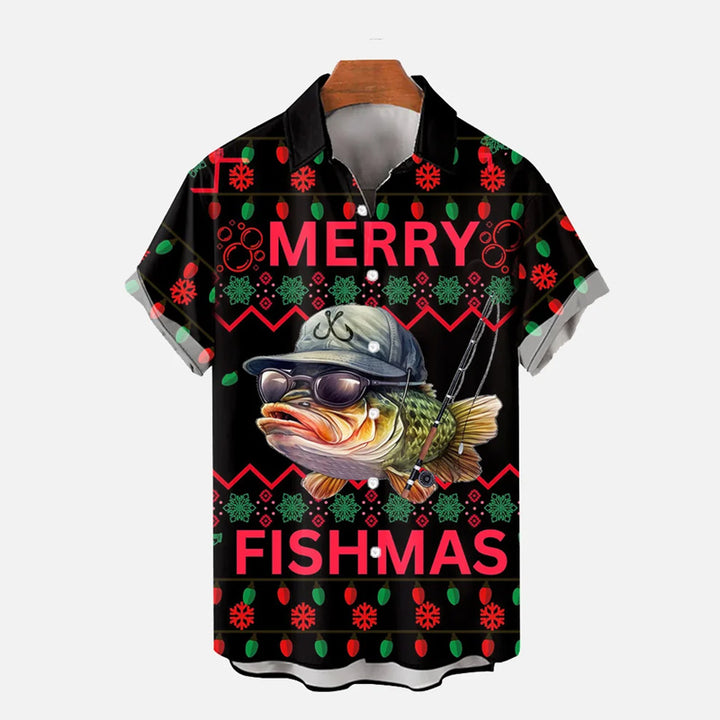 Merry Fishmas Fishing Printing Short Sleeve Shirt