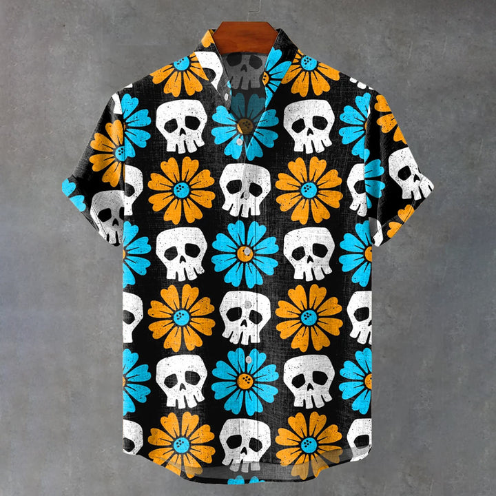 Vintage Halloween Skeleton Flowers Art Print Casual Shirt