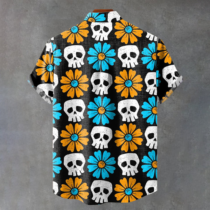 Vintage Halloween Skeleton Flowers Art Print Casual Shirt