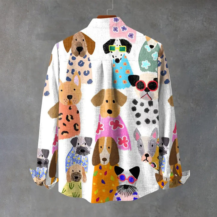 Colorful Minimalist Cartoon Puppy Vintage Stripe Print Long Sleeve Shirt