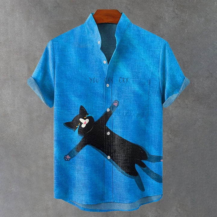 Men's Funny Black Cat You Can Cry Art Print Cotton And Linen Shirt