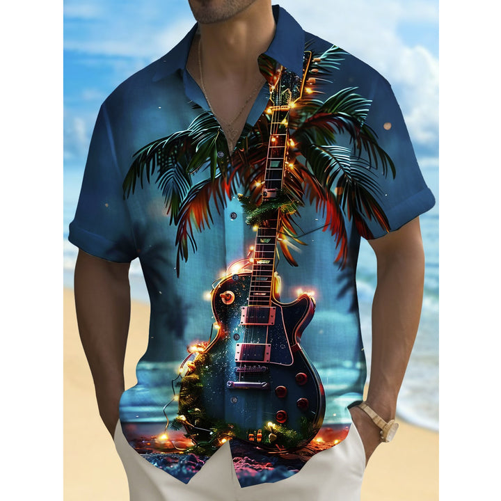 Men's Hawaiian Beach Guitar Coconut Tree Short Sleeve Shirt