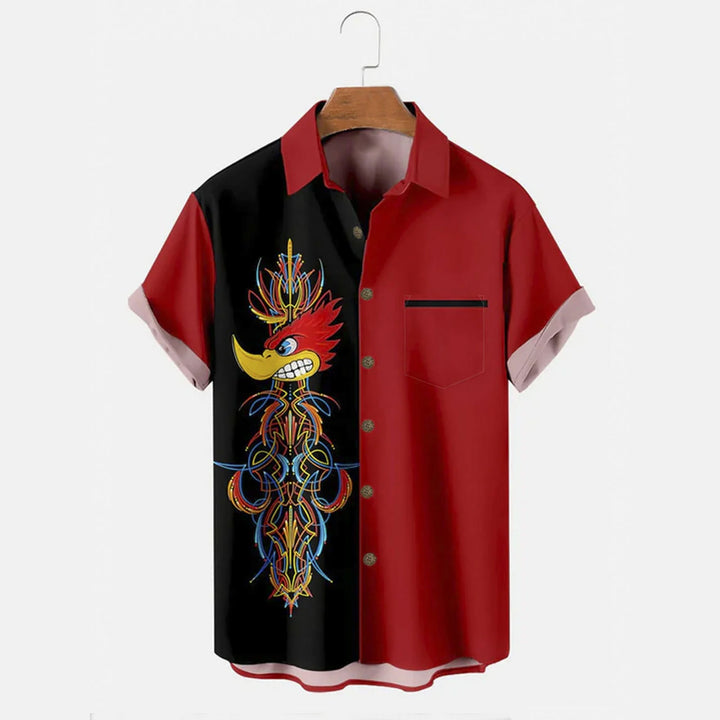 Men's Red Bowling Rooster Button-Down Short Sleeve Shirt