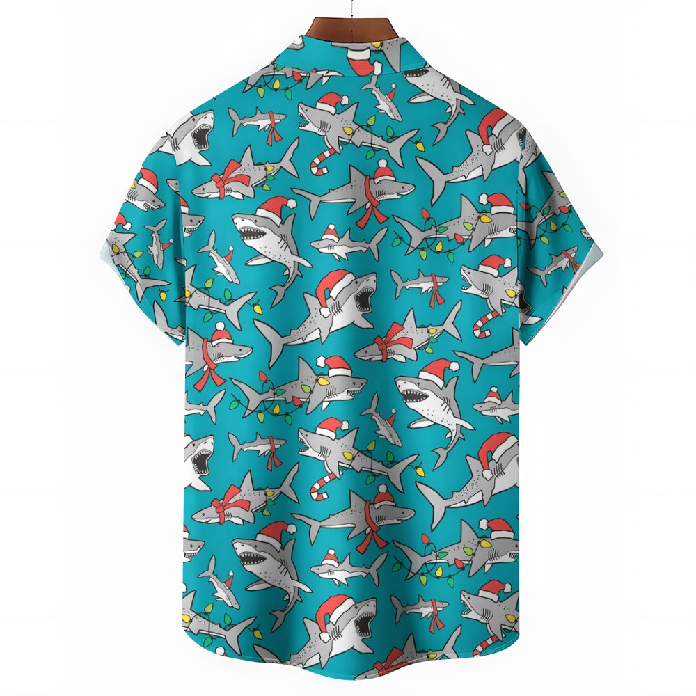 Christmas Shark Print Casual Oversized Short Sleeve Shirt 2407005541