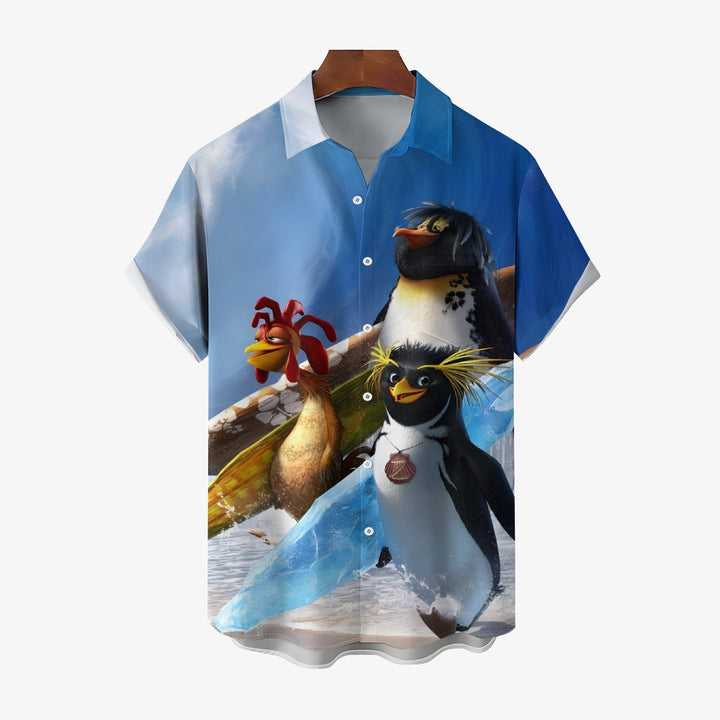 Surfing Penguin Cock Casual Short Sleeve Shirt 2410002379