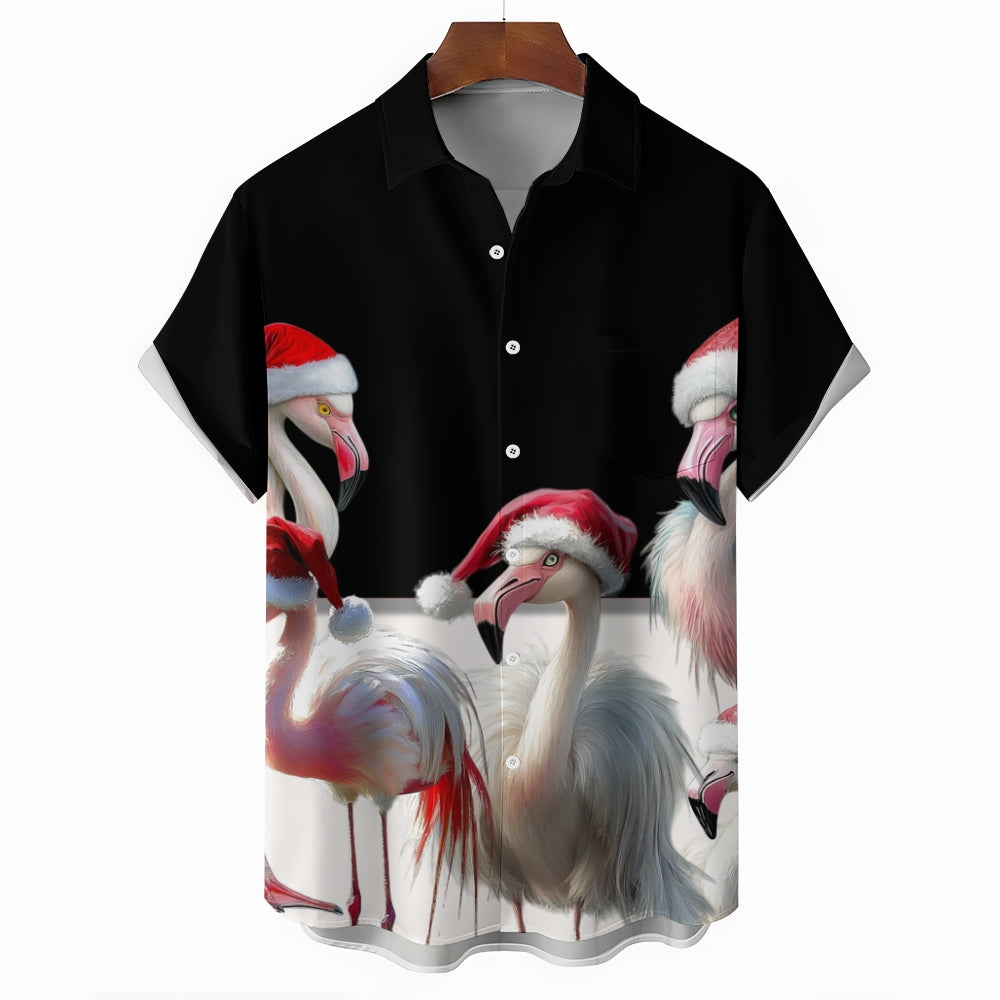 Christmas Flamingo Print Casual Short Sleeve Shirt 2411008517