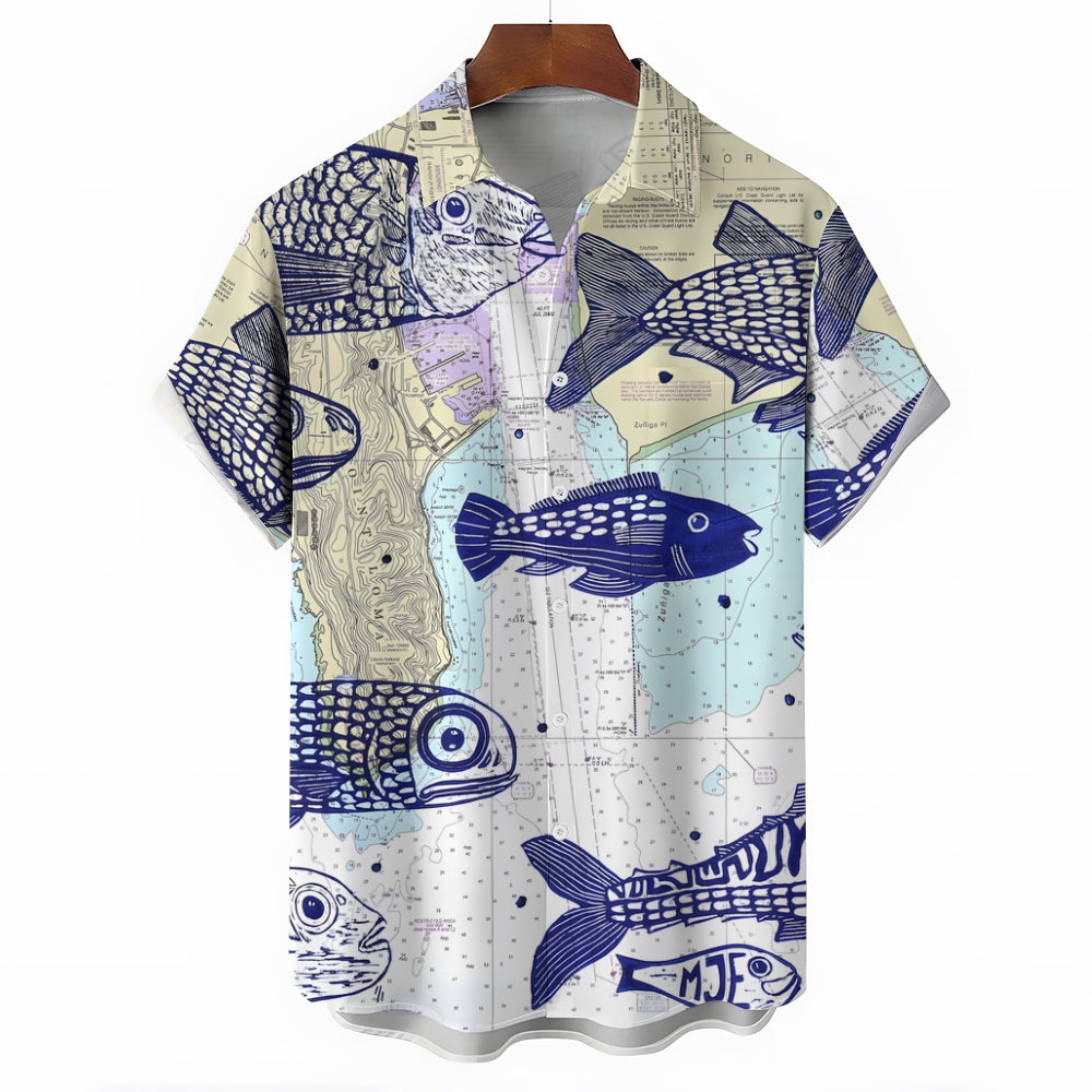 Map Fish Print Linen Short-Sleeved Shirt 2409009637