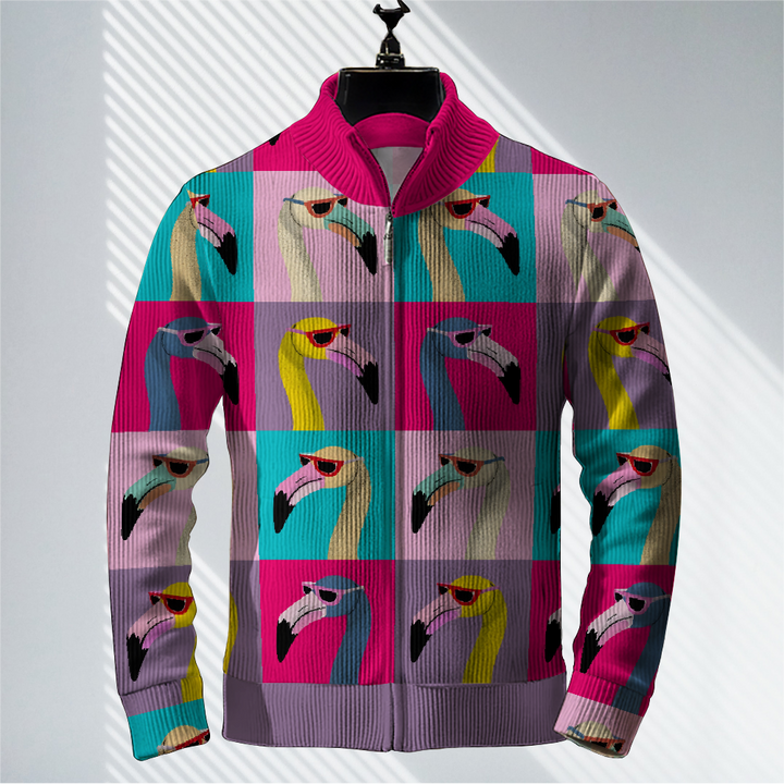 Men's Geometric Flamingo Print Zip-Up Sweater Jacket 2409005215