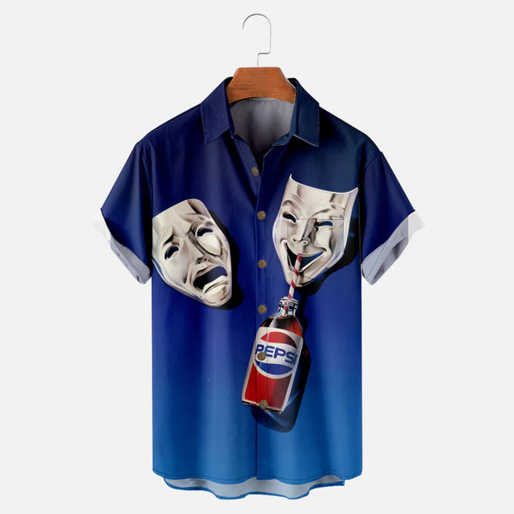 Men's Comedy Mask Drinking a Pepsi Tragedy Mask Just Sad Short Sleeve Shirt