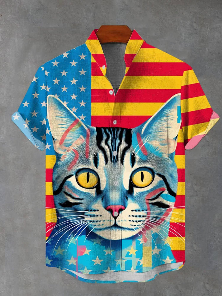 Men's Stand Collar Flag Cat Short Sleeve Shirt