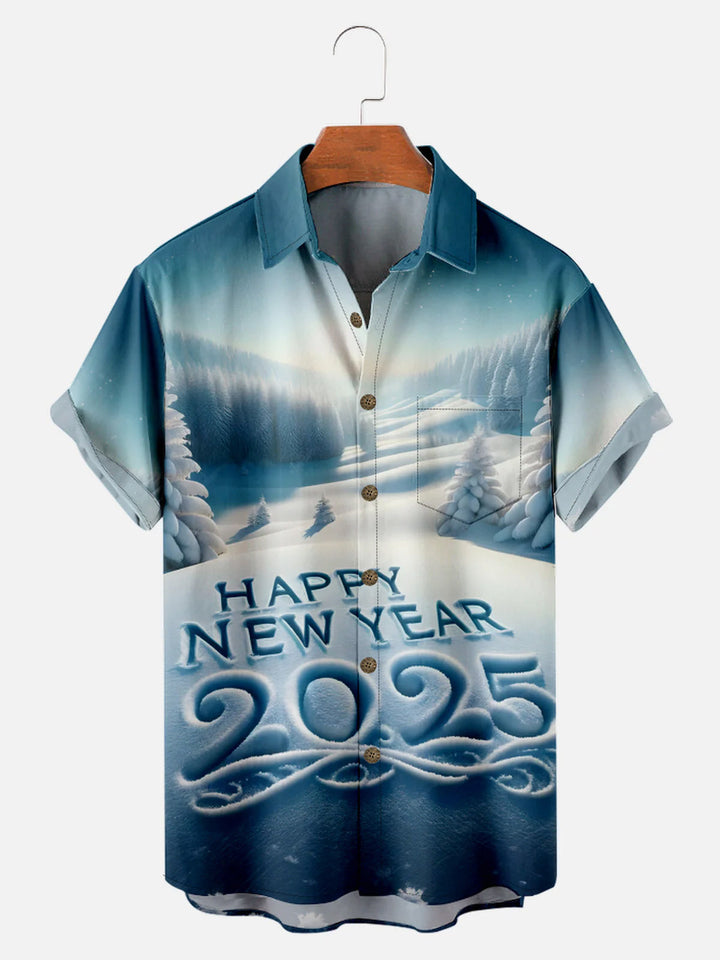 Men's Casual Happy New Year Printed Short Sleeve Shirt