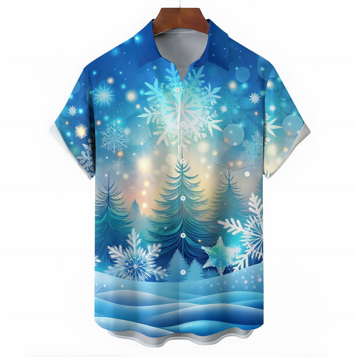 Men's Snowflake Pine Tree Print Short Sleeve Shirt 2412006506