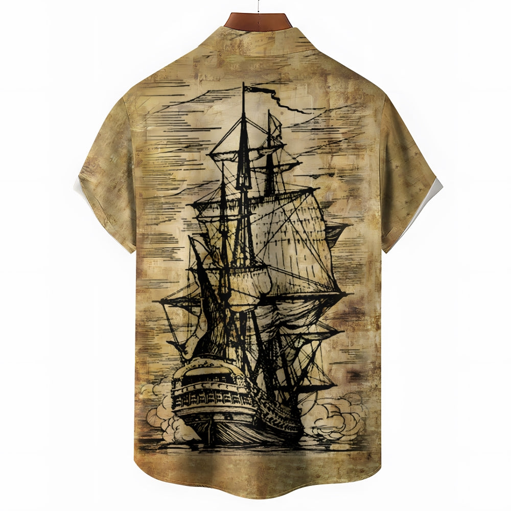 Men's Vintage Sailing Sailboat Print Short Sleeve Shirt 2412006981