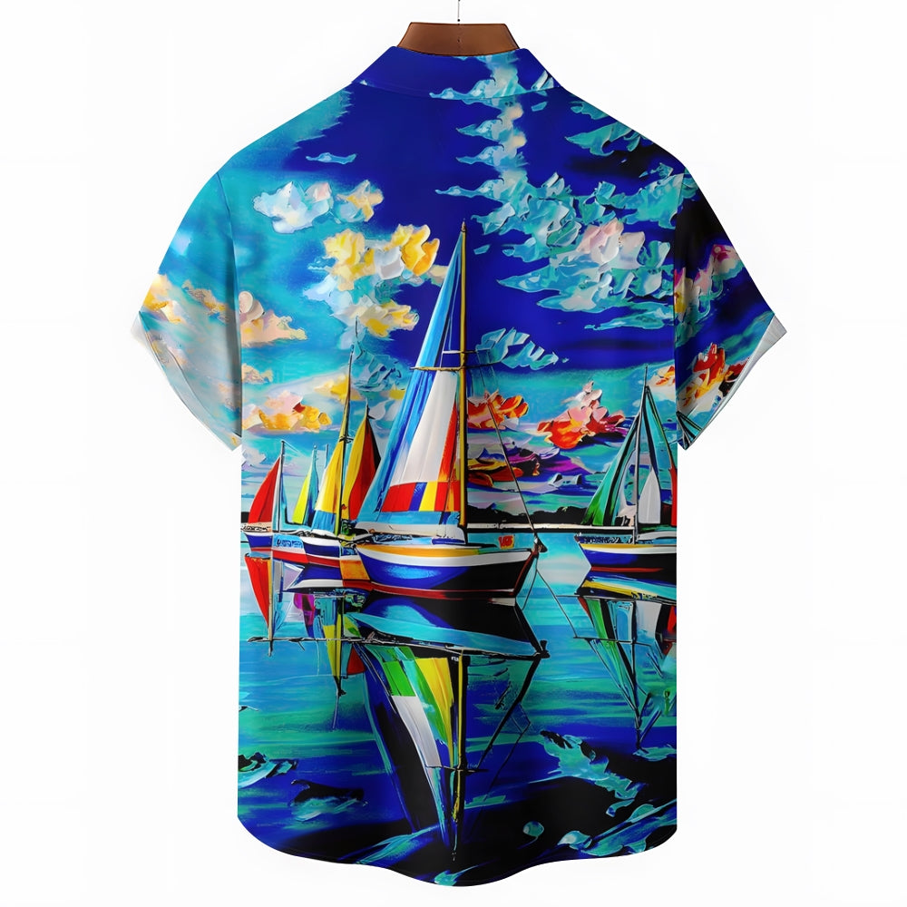 Sailboat Oil Painting Art Print Short Sleeve Shirt 2408007001