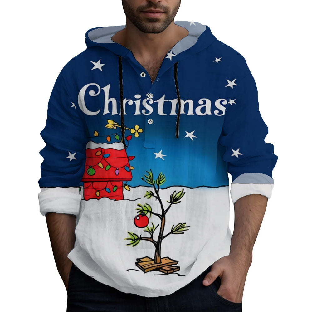 Christmas Tree Holiday Blue Cartoon Hooded half-open long-sleeved shirt